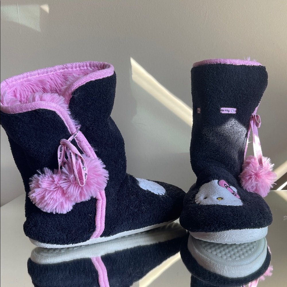 Cozy Hello Kitty Black and Pink Slippers with Pom Poms